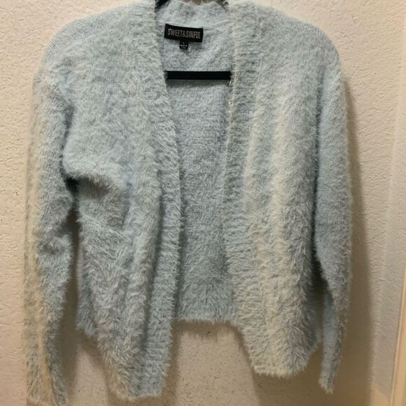 Sweet & Sinful Blue Mohair Eyelash Knit Fuzzy Fur Cardigan Sweater Top Size L - Picture 2 of 7